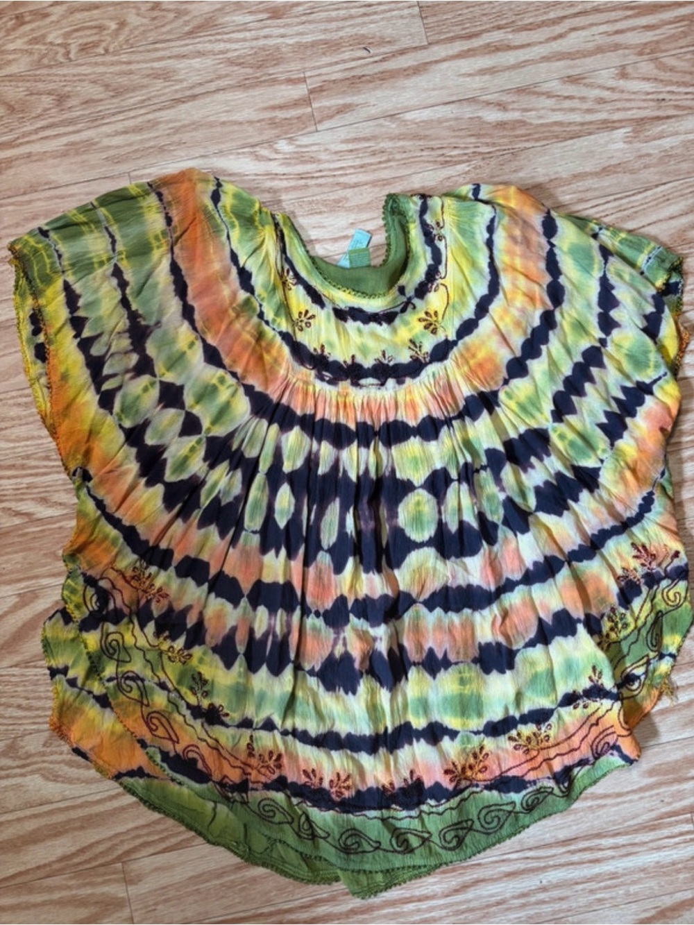 Bohemian Tie-Dye Peasant Tunic in Green, Yellow & Navy - Women